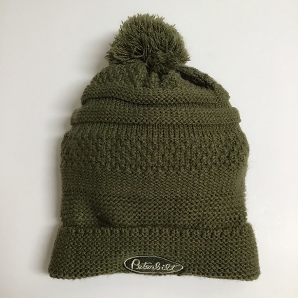 Peterbilt Big Rig Tractor Pom Knit Beanie Patch Ski Beach Skate Army Green VTG - Picture 3 of 10